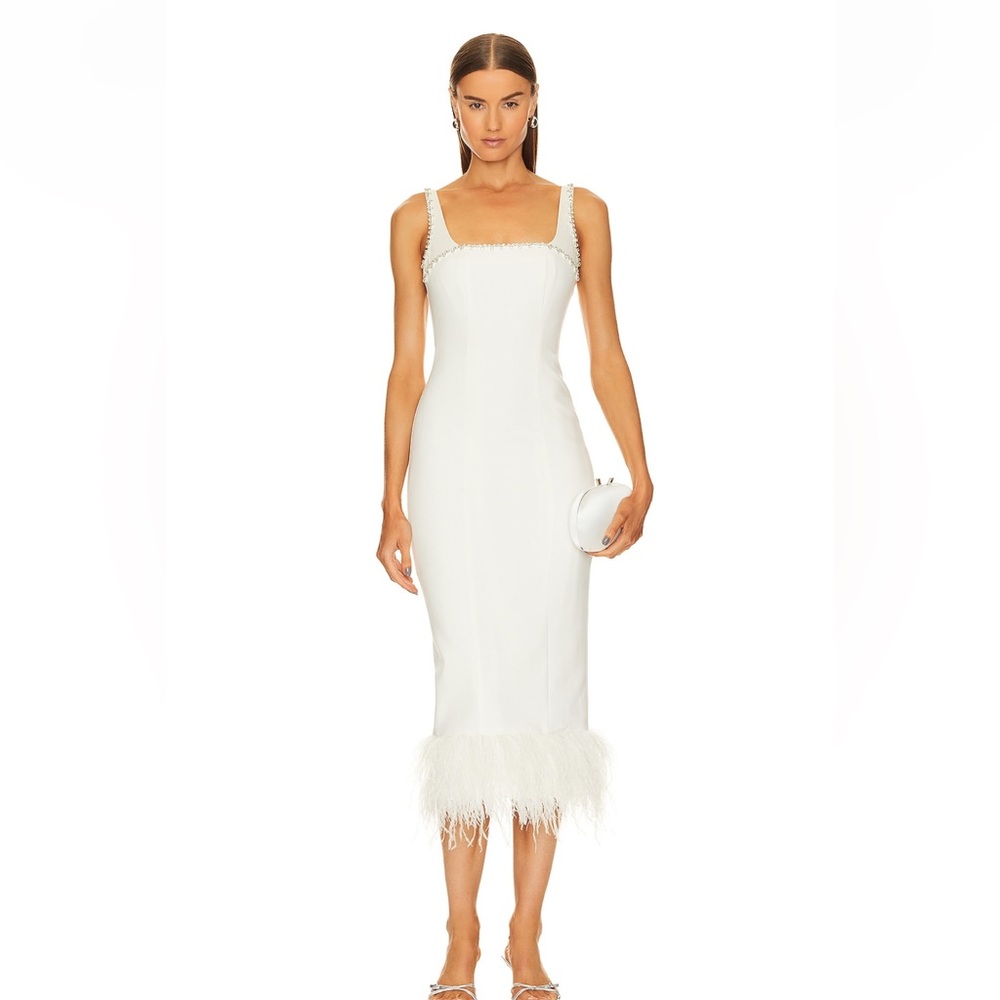 White, Lively embellished and feather trim dress. Size 2